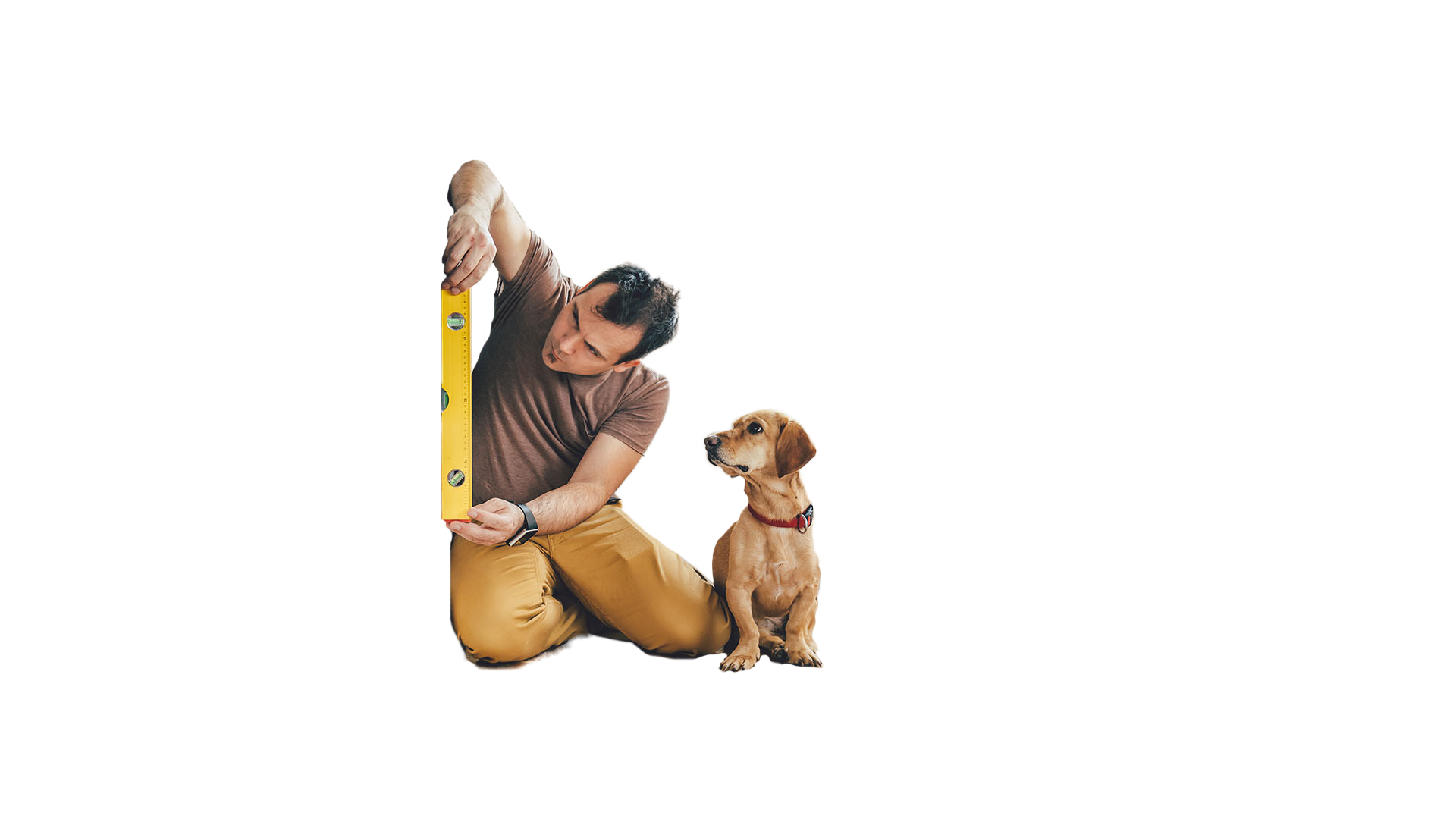Man with level tool and dog