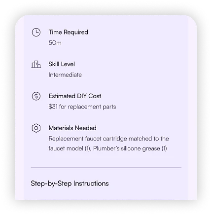 FinderlyFix repair summary with time, skill level, cost and materials needed