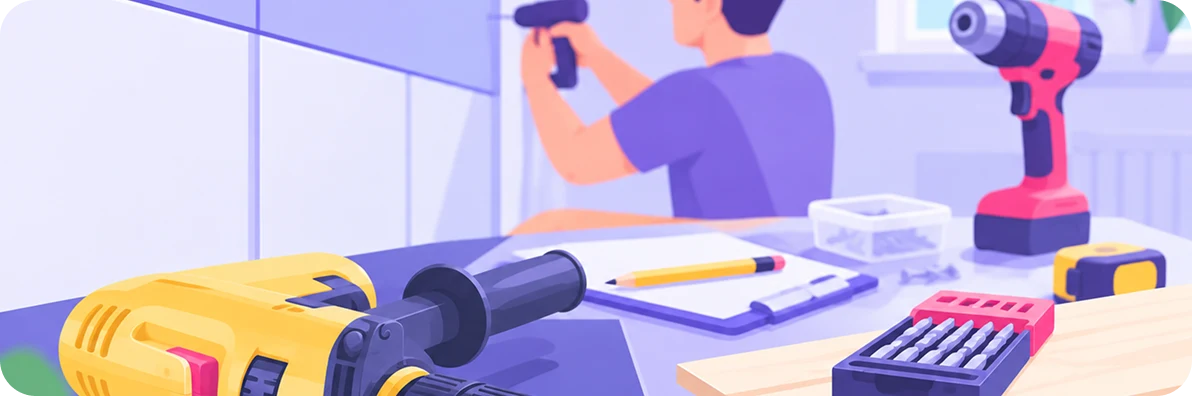 Illustration of a person drilling into a wall behind a workbench laid out with power drills, a bit set and a clipboard