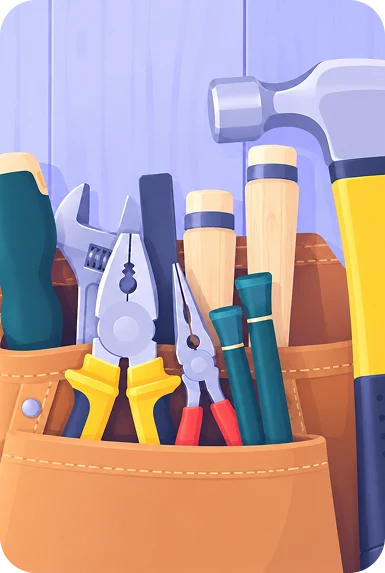 Illustration of a leather tool belt holding a hammer, pliers, an adjustable wrench and screwdrivers