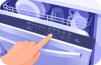 Illustration of a finger pressing a button on a dishwasher's control panel to start a cycle