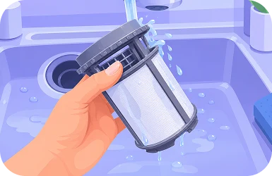 Illustration of a hand rinsing a cylindrical dishwasher filter under a running tap