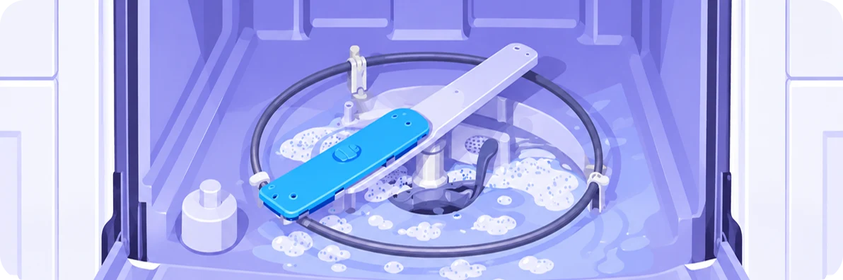 Illustration of the inside of a dishwasher tub with standing soapy water around the spray arm
