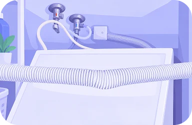 Illustration of a ribbed dishwasher drain hose pinched into a kink under a sink cabinet
