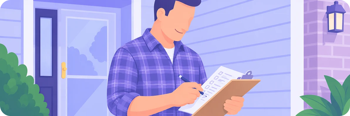 Illustration of a homeowner on his front porch ticking off items on a clipboard checklist