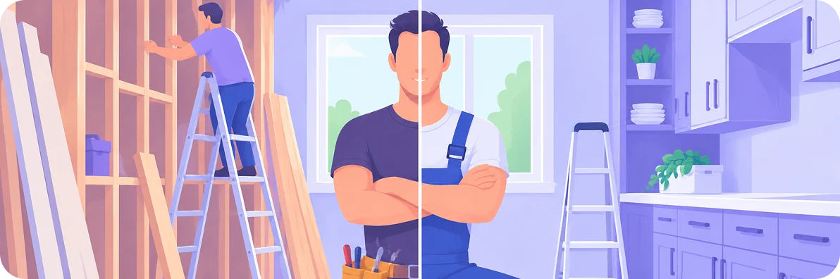 Split illustration of the same man as a DIYer framing a wall on one side and a uniformed pro in a finished kitchen on the other