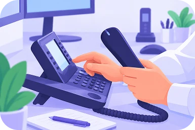 Illustration of a hand dialing a desk phone to book a service call
