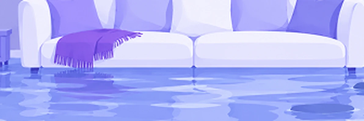 Illustration of a living room with water flooding the floor around a white sofa