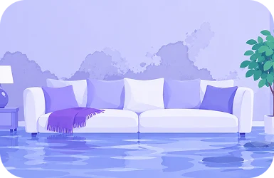 Illustration of a living room with water flooding the floor around a sofa