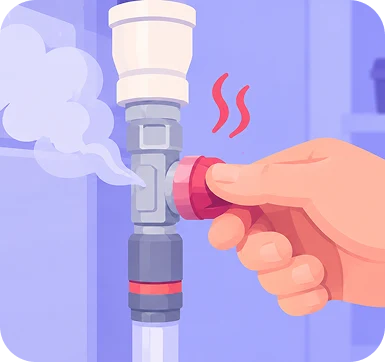 Illustration of a hand on a gas line valve with gas escaping from the pipe