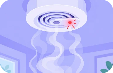 Illustration of a ceiling smoke and carbon monoxide detector with its red alarm light flashing