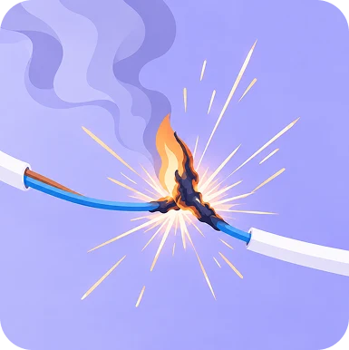 Illustration of a damaged electrical wire throwing sparks and a small flame