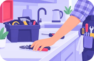 Illustration of a toolbox and pliers on a kitchen counter, ready for a scheduled repair