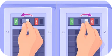 Two-panel illustration of a hand flipping a tripped breaker fully to off, then back to on