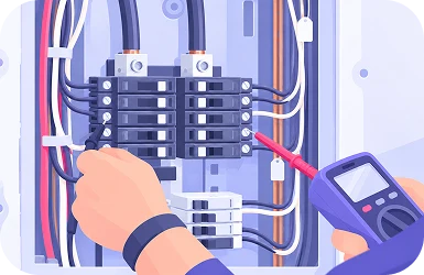 Illustration of an open breaker panel being checked with a multimeter probe