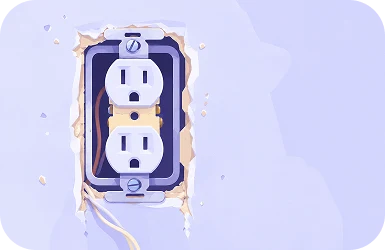 Illustration of a damaged outlet with cracked drywall and exposed wiring around it
