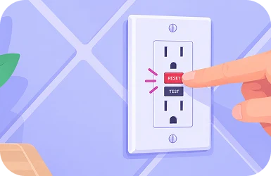 Illustration of a finger pressing the red reset button on a GFCI outlet