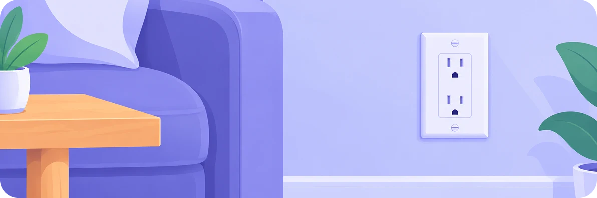 Illustration of a wall outlet beside a sofa and side table in a living room