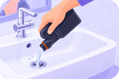Illustration of a hand pouring chemical drain cleaner from a bottle into a sink drain
