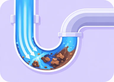 Cutaway illustration of a sink P-trap with water backing up against a clog of debris in the bend