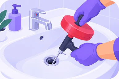 Illustration of gloved hands feeding a hand-crank drain snake into a bathroom sink drain