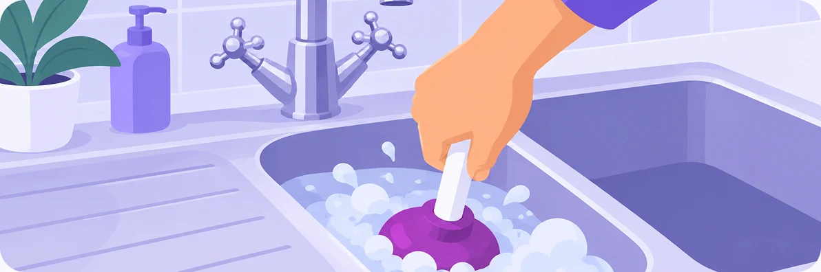Illustration of a hand working a plunger in a kitchen sink full of soapy water