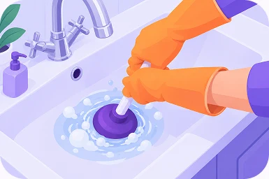 Illustration of gloved hands pressing a plunger over a bathroom sink drain in a few inches of water