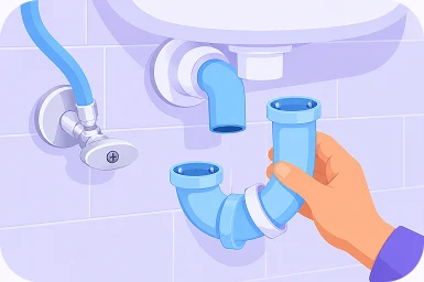 Illustration of a hand removing the curved P-trap pipe from under a bathroom sink