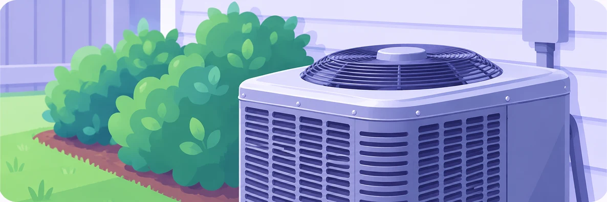Illustration of an outdoor AC condenser unit beside a house wall and a row of green shrubs