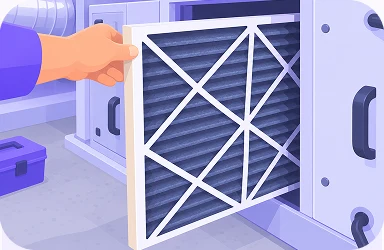 Illustration of a hand sliding a dirty pleated air filter out of a furnace cabinet