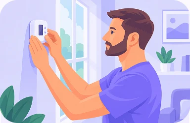 Illustration of a man adjusting a wall-mounted digital thermostat