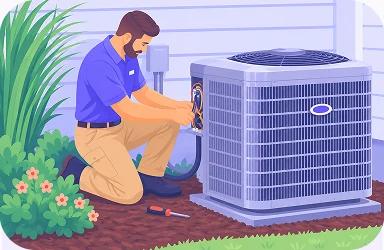 Illustration of a man kneeling beside an outdoor AC condenser unit to inspect it