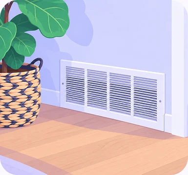 Illustration of a return air vent grille low on a wall next to a potted plant