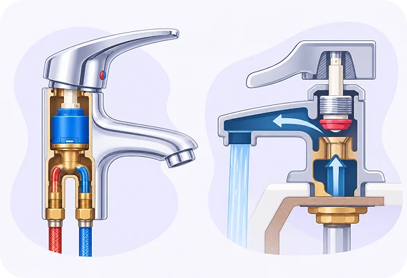 Cutaway illustrations comparing a single-handle cartridge faucet with a compression faucet and its washer and valve seat
