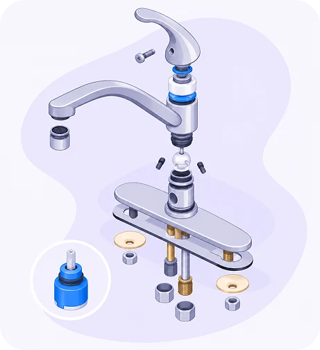 Exploded-view illustration of a single-handle faucet showing the handle, cartridge, O-rings, washers and mounting hardware