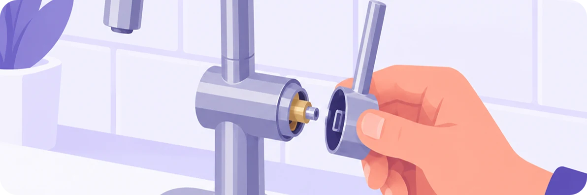 Illustration of a hand pulling the handle off a single-lever faucet to reach the cartridge inside