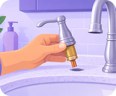 Illustration of a hand lifting a faucet stem out of the sink deck to expose the valve seat below
