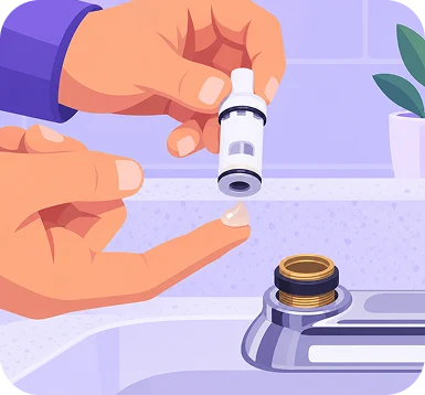 Illustration of hands holding a new faucet cartridge with a dab of plumber's grease on a fingertip, above the open faucet body