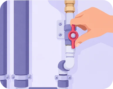 Illustration of a hand turning the red shutoff valve on the water supply line under a sink