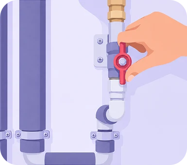 Illustration of a hand turning the red shutoff valve on the water line behind a toilet