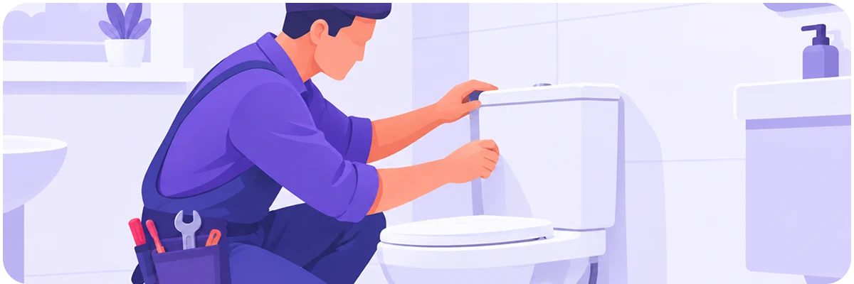 Illustration of a plumber in overalls lifting the lid off a toilet tank to fix it