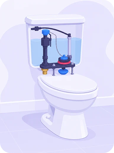 Cutaway illustration of a toilet tank showing the fill valve, flapper, chain and overflow tube