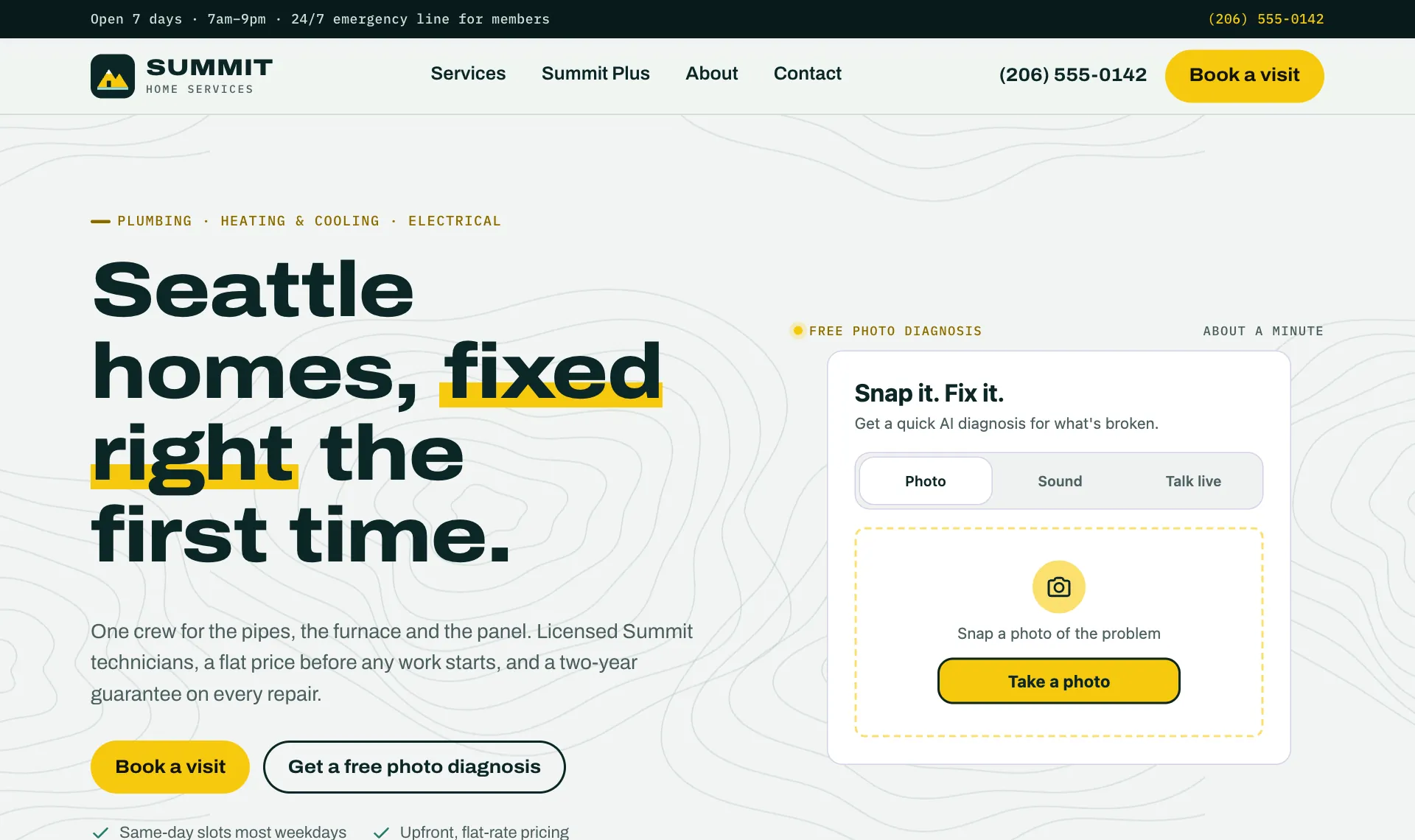 The demo partner site Summit Home Services. The FinderlyFix diagnosis widget sits in its hero next to the headline, in Summit’s colors, with three capture tabs including Talk live.
