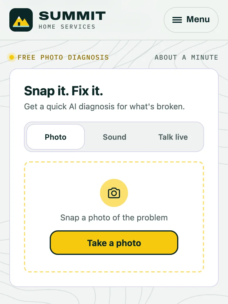 The same demo site on a phone, with the widget card below the header.